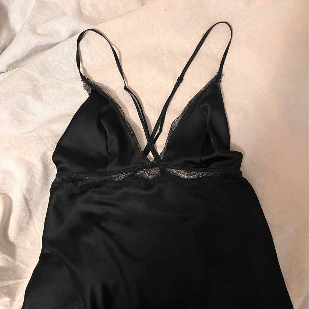 Victoria's Secret Black Satin Chemise with Lace